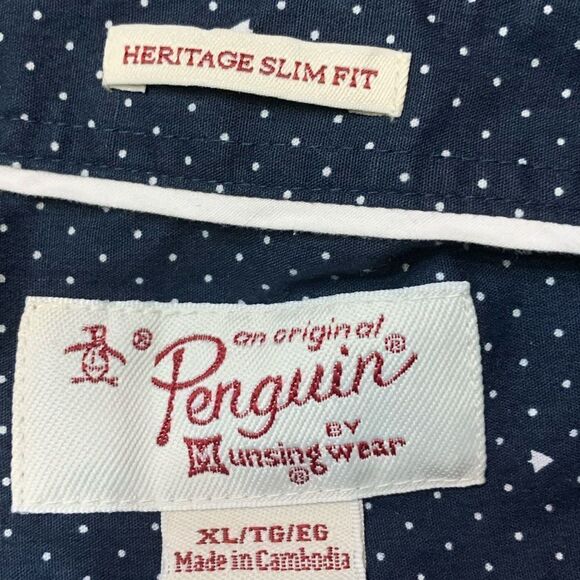 Original Penguin Navy Blue Button up collared shirt with dots and arrows XL - Picture 7 of 8